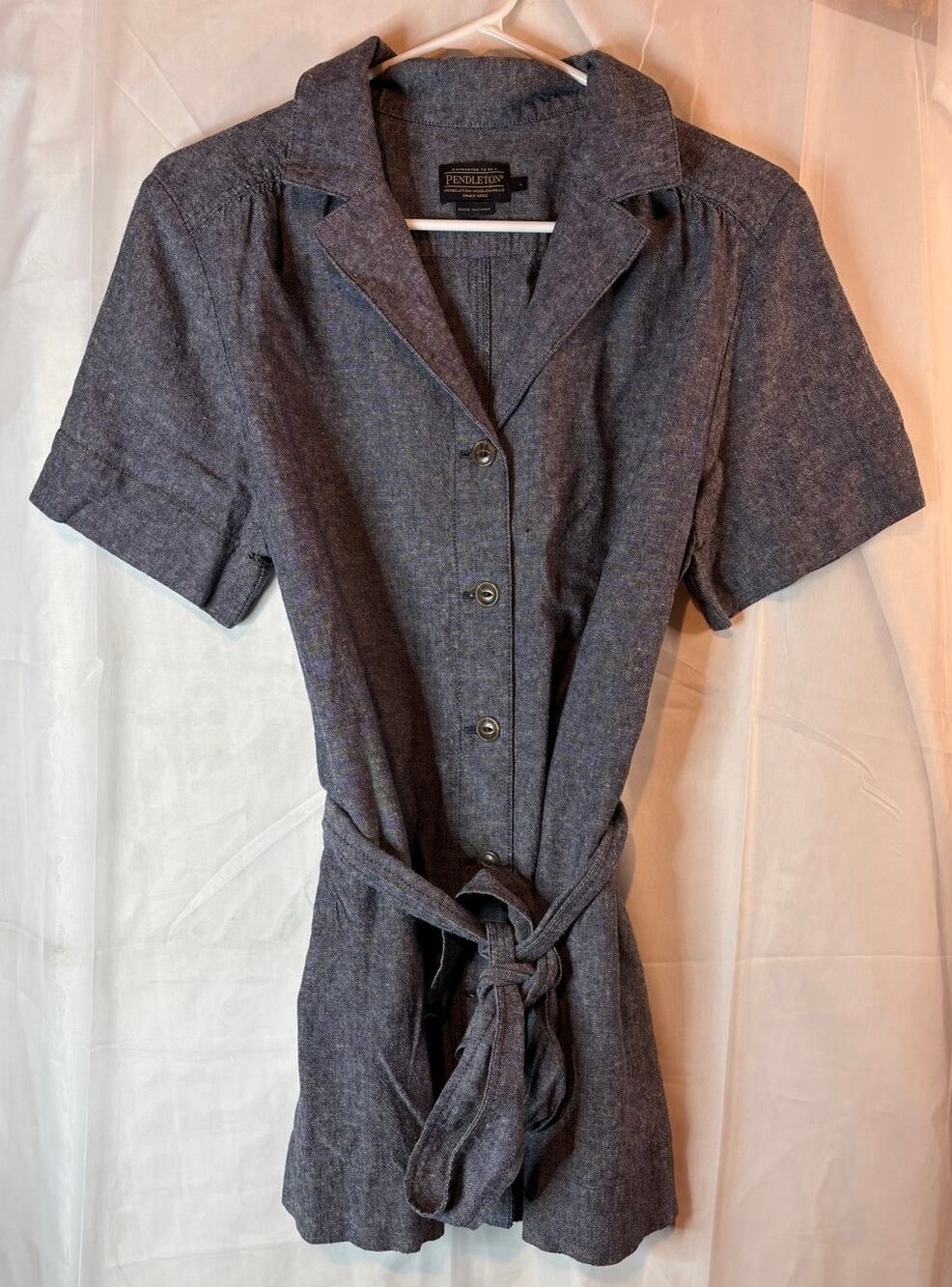 Pendleton Short Sleeve Linen Button Down Tie Blouse Size Large